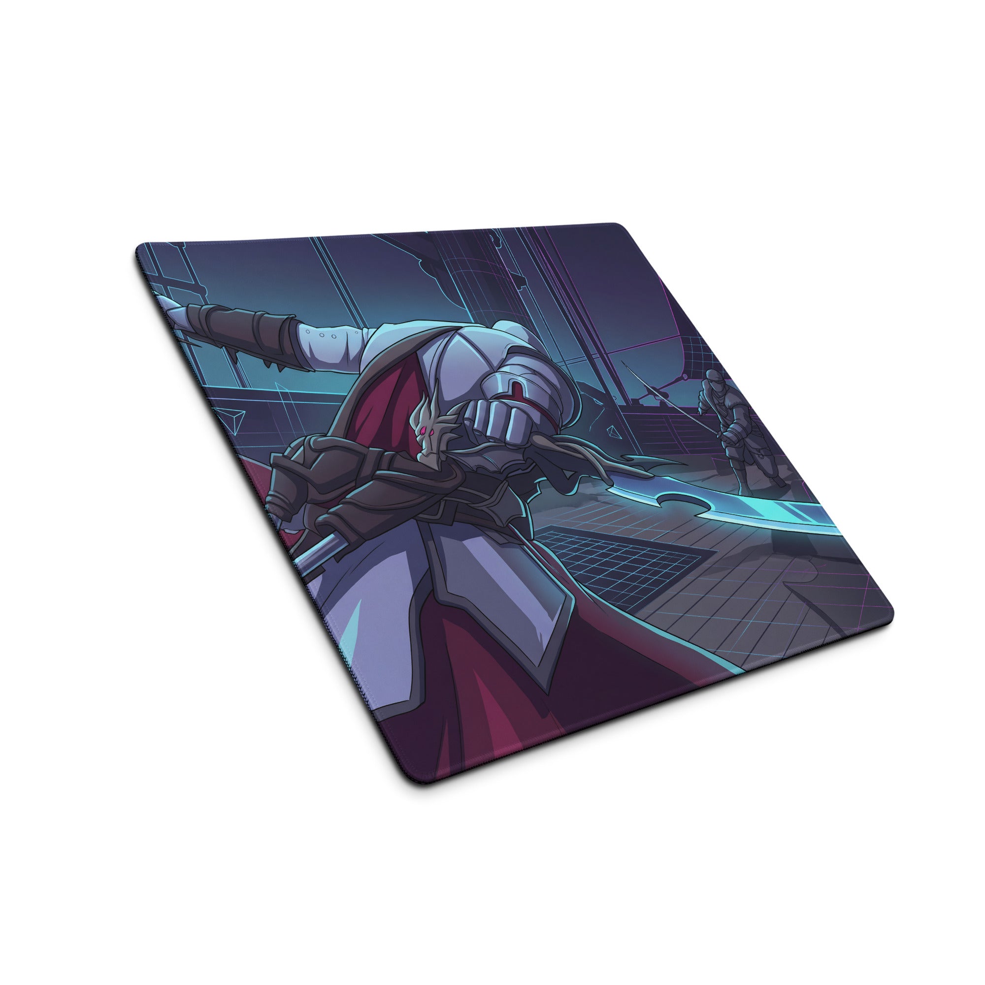 Rectangular gaming mousepad with a detailed armored knight illustration and neon purple blue vaporwave cyberpunk design