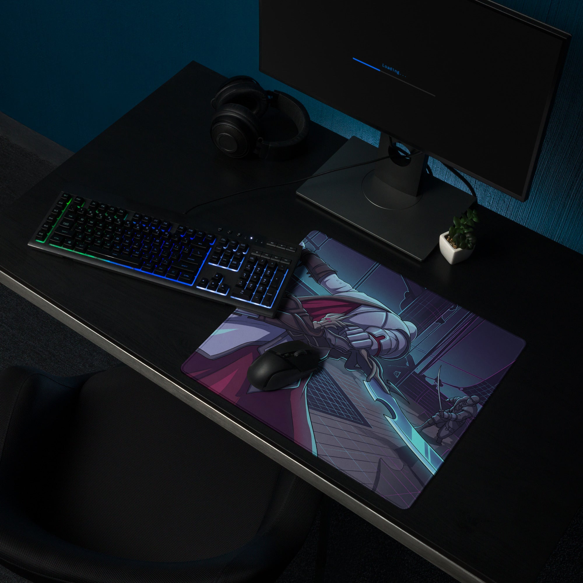 Rectangular vaporwave neon knight gaming mouse pad with anime character in white and red armor on purple blue background
