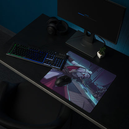 Rectangular vaporwave neon knight gaming mouse pad with anime character in white and red armor on purple blue background