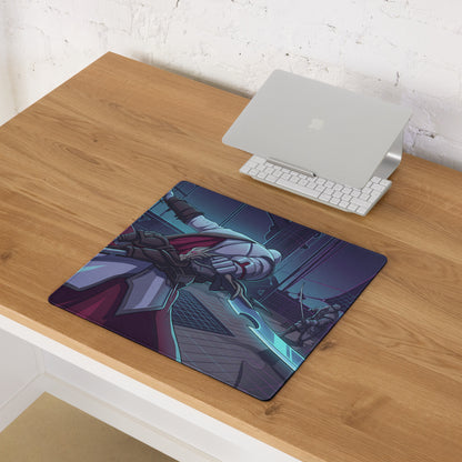 Rectangular gaming mousepad with dynamic anime-style white and red armored warrior wielding glowing blue sword vaporwave neon design