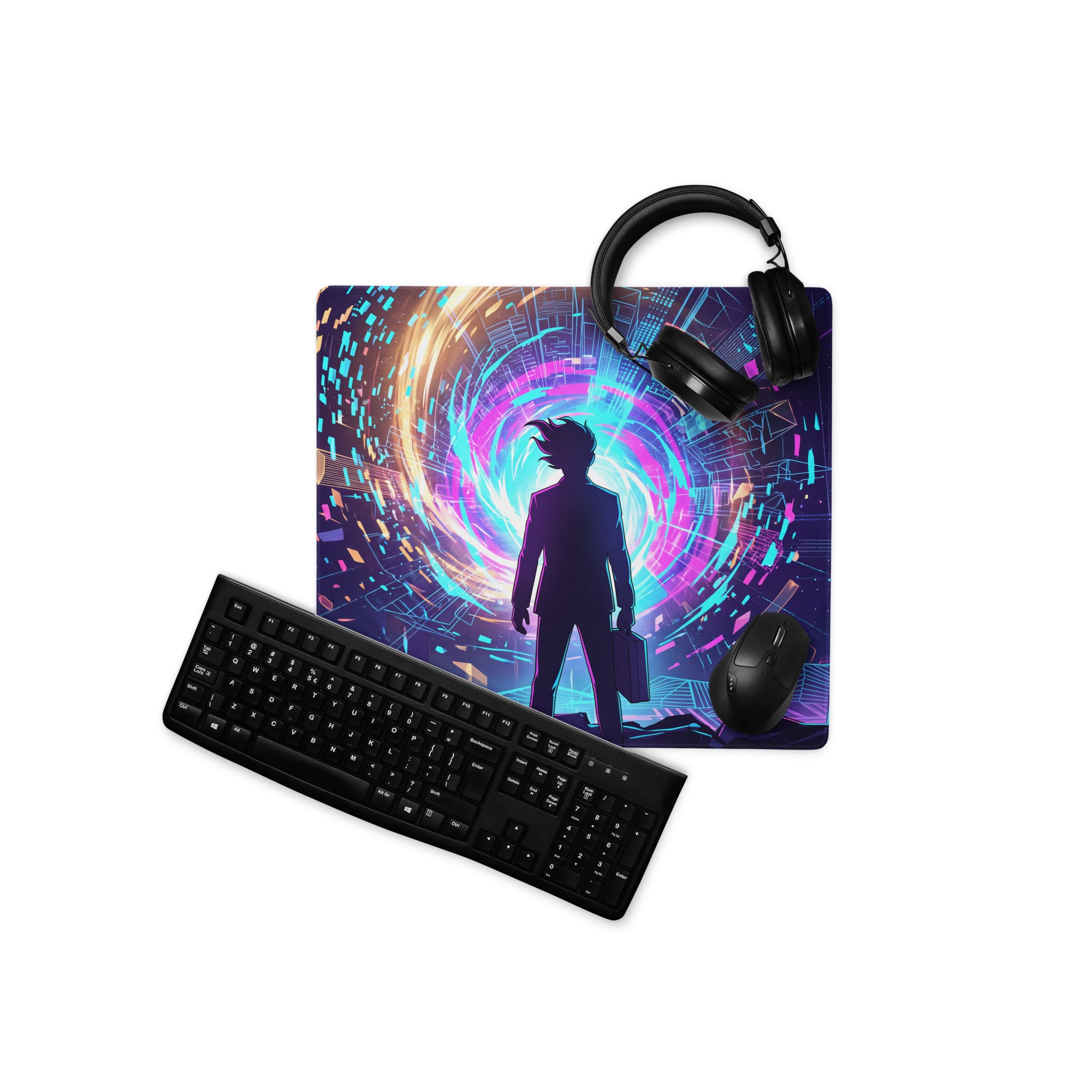Neon vaporwave gaming mouse pad with vibrant purple and blue cosmic vortex and silhouette design for desk use