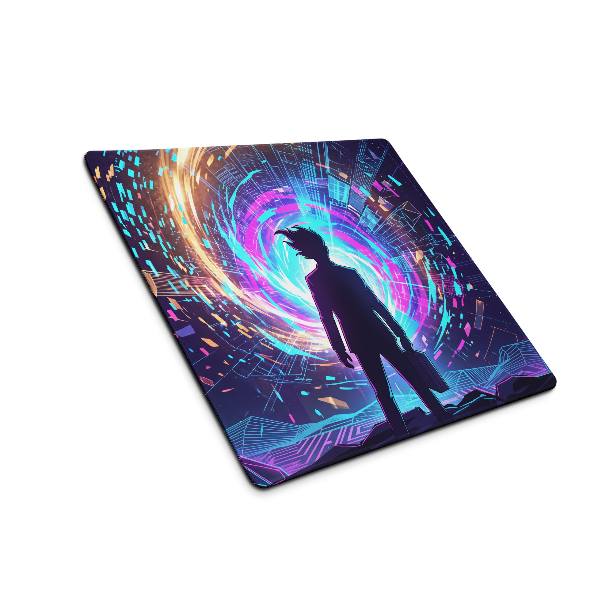 Neon vaporwave gaming mouse pad with neon purple blue digital art silhouette and swirling vortex design