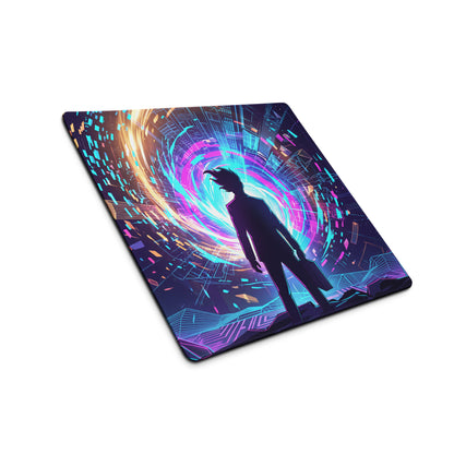 Neon vaporwave gaming mouse pad with neon purple blue digital art silhouette and swirling vortex design
