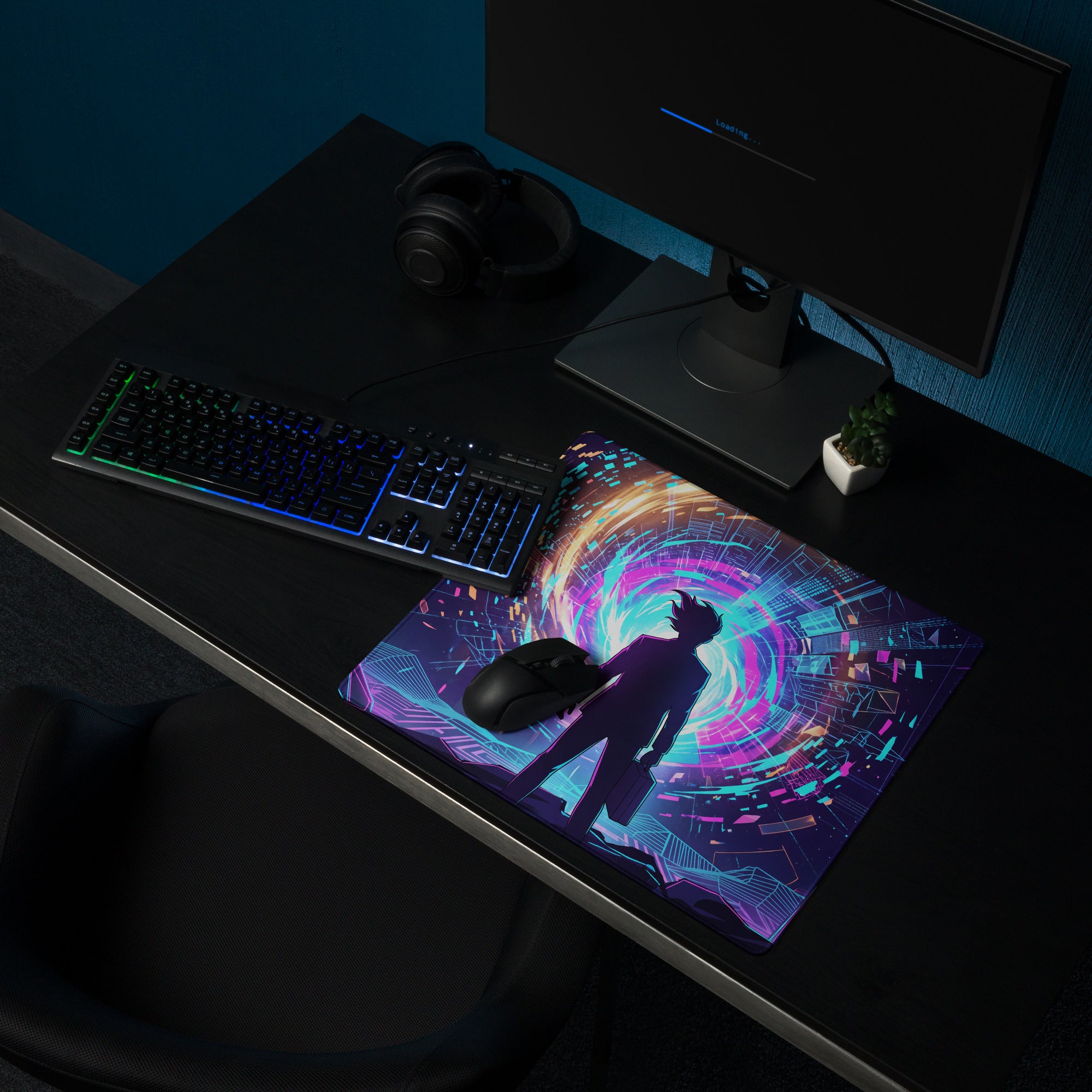 A vibrant neon vaporwave gaming mouse pad with purple and blue cyberpunk design featuring a silhouetted figure