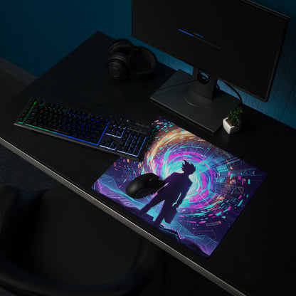 A vibrant neon vaporwave gaming mouse pad with purple and blue cyberpunk design featuring a silhouetted figure