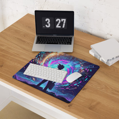 Neon vaporwave gaming mouse pad with vibrant purple blue swirl and anime character silhouette for cyberpunk desk setup