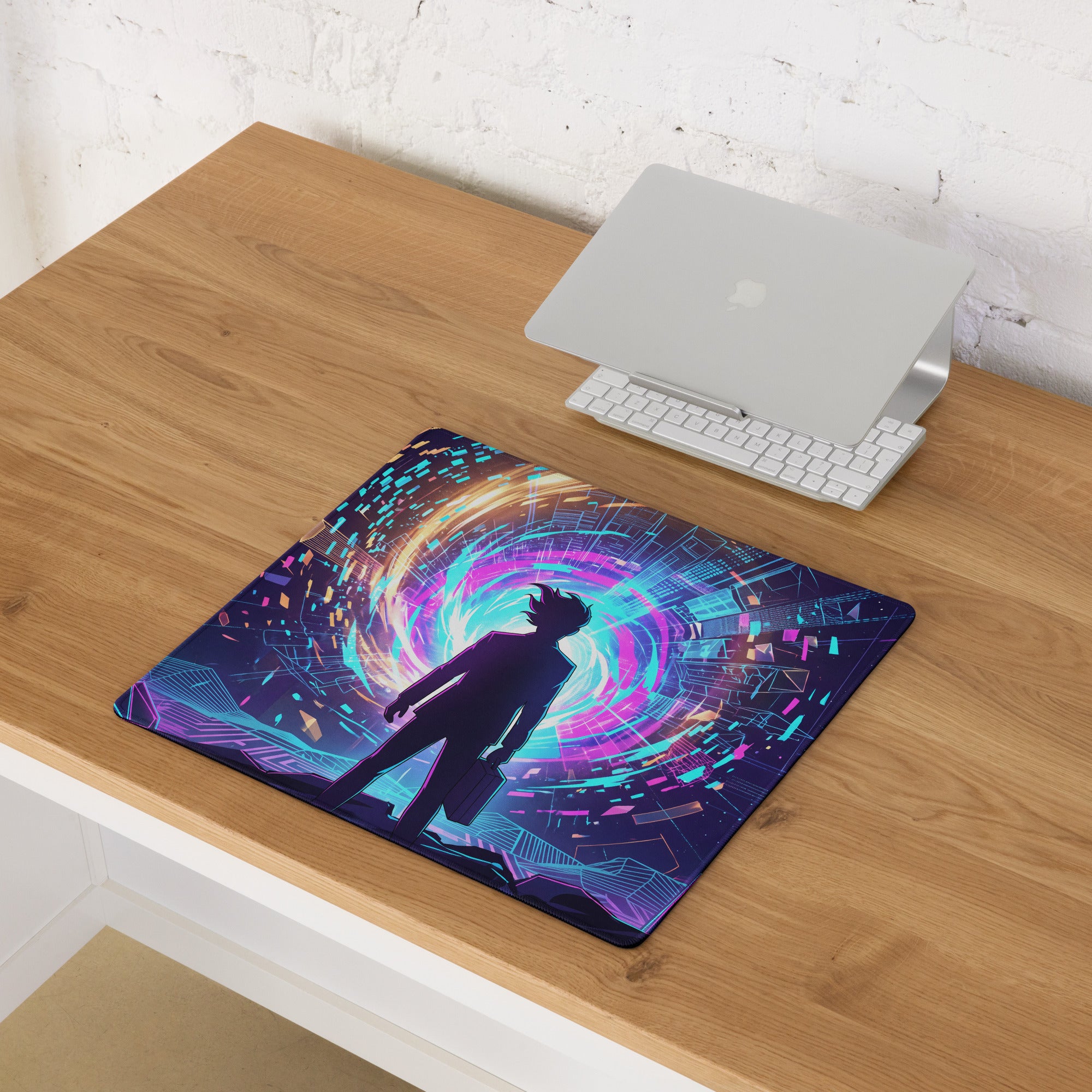 Neon vaporwave gaming mouse pad featuring goku silhouette with vibrant purple blue and teal nebula digital swirls