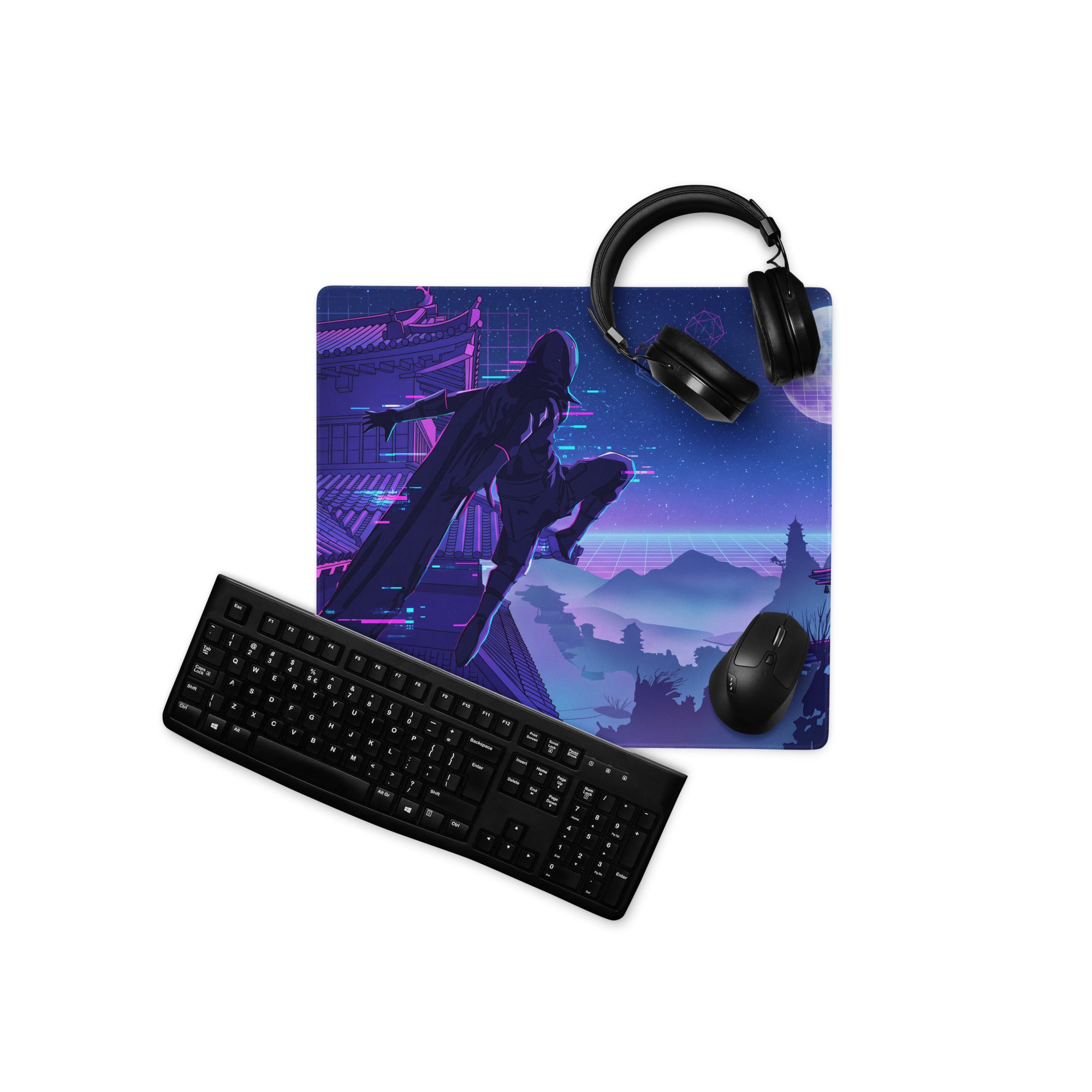 Neon vaporwave navy blue and purple gaming mouse pad with stylized ninja and futuristic cityscape for esports desk setup