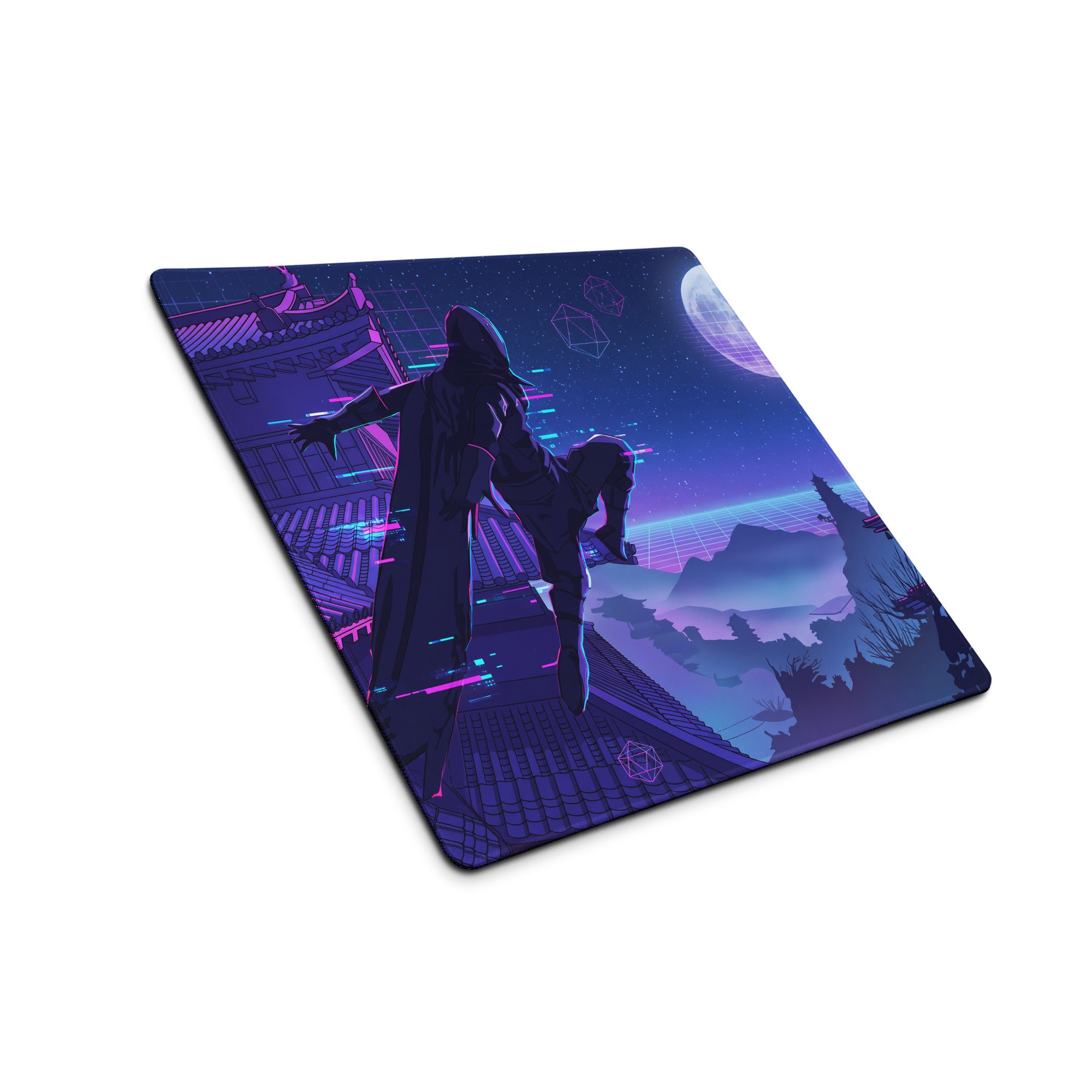 Neon vaporwave gaming mouse pad featuring a nebula-themed hooded figure in purple and blue under a glowing moon
