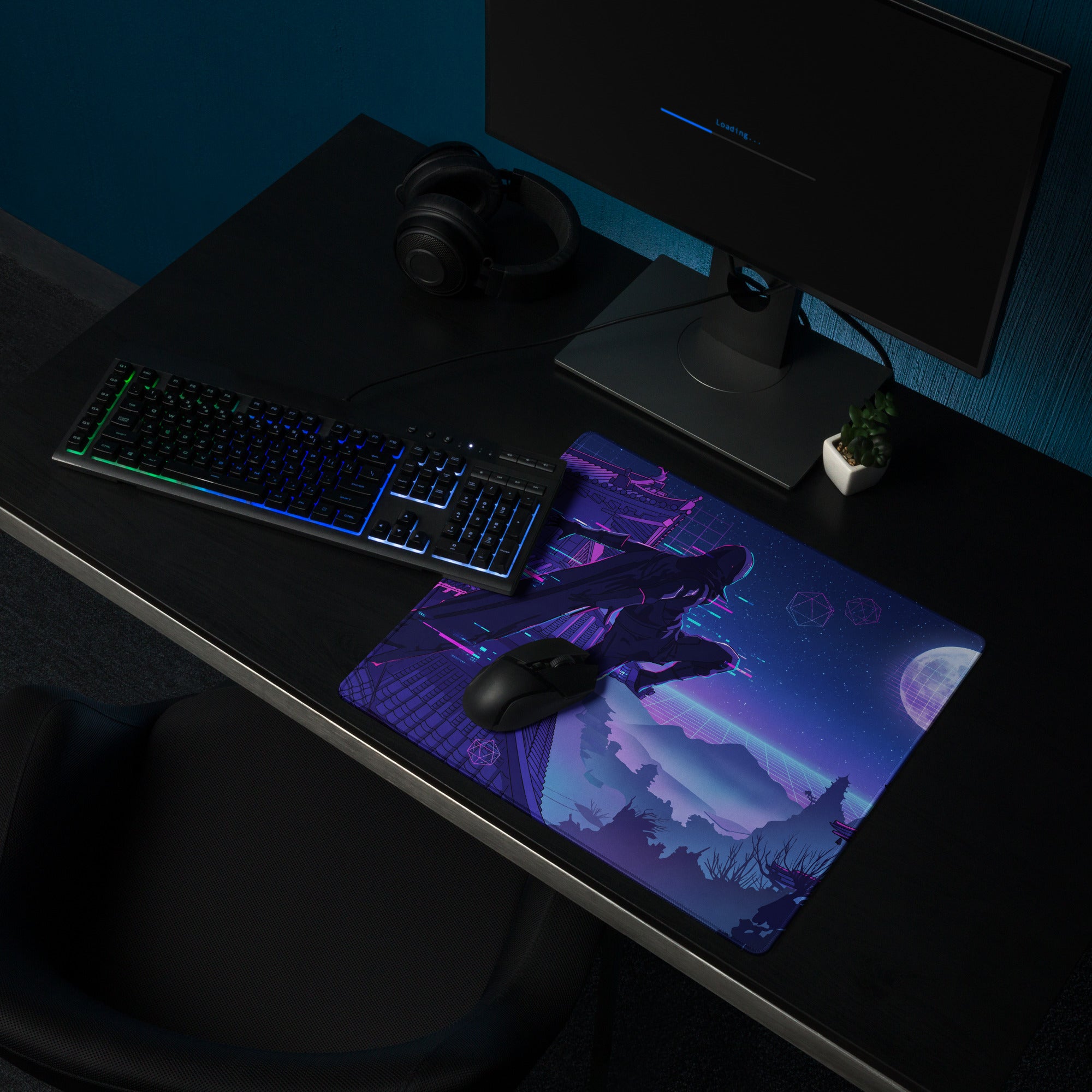Neon vaporwave gaming mouse pad with purple and blue neon colors featuring a futuristic character silhouette