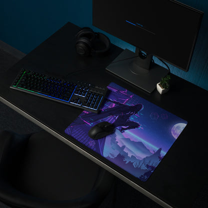 Neon vaporwave gaming mouse pad with purple and blue neon colors featuring a futuristic character silhouette