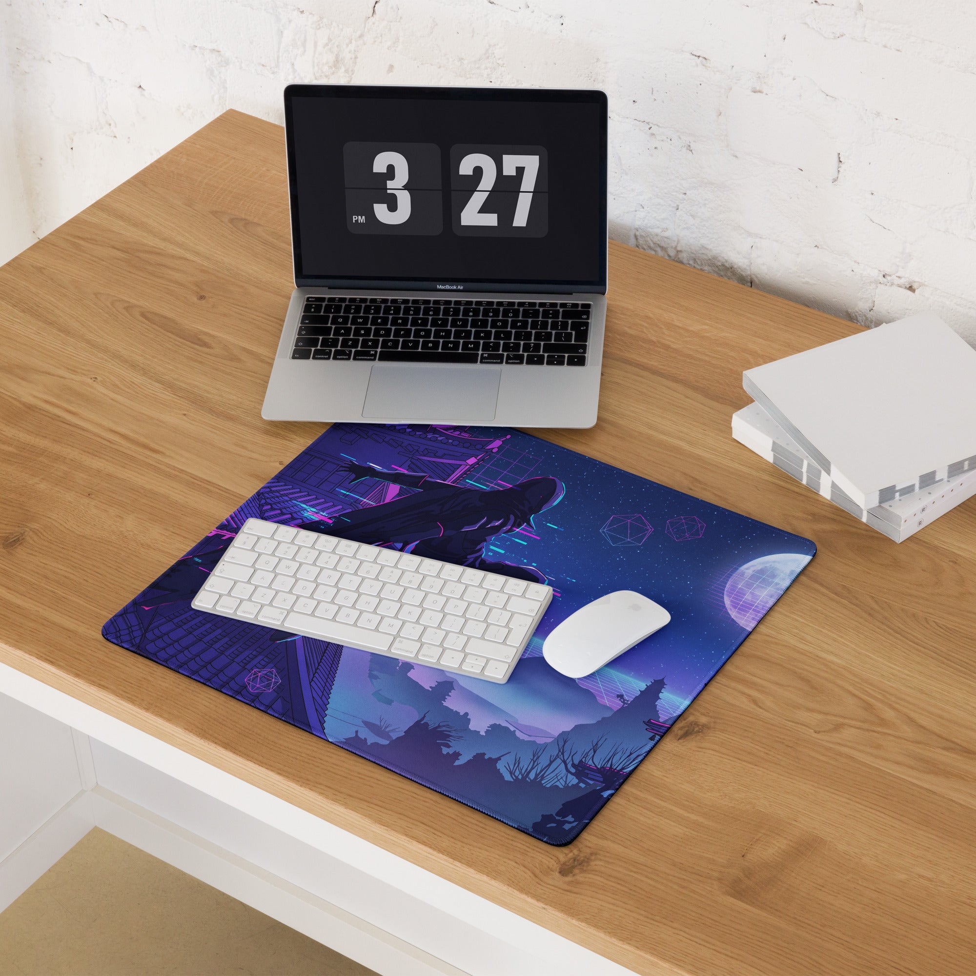 Neon vaporwave gaming mouse pad with purple and blue neon cosmic background and stylized silhouette design