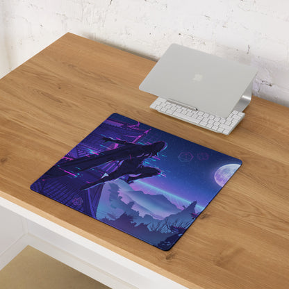 Neon vaporwave gaming mouse pad with purple and blue neon colors featuring a silhouette against a futuristic cityscape
