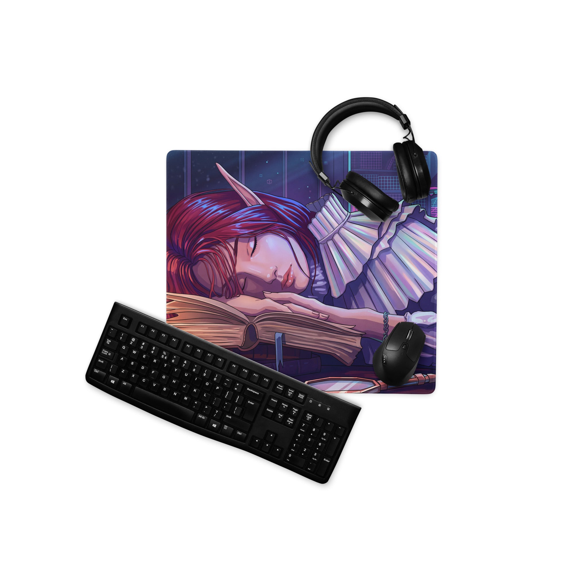 Vaporwave dream gaming mousepad with a detailed red-haired elf sleeping on a book on a dark blue background