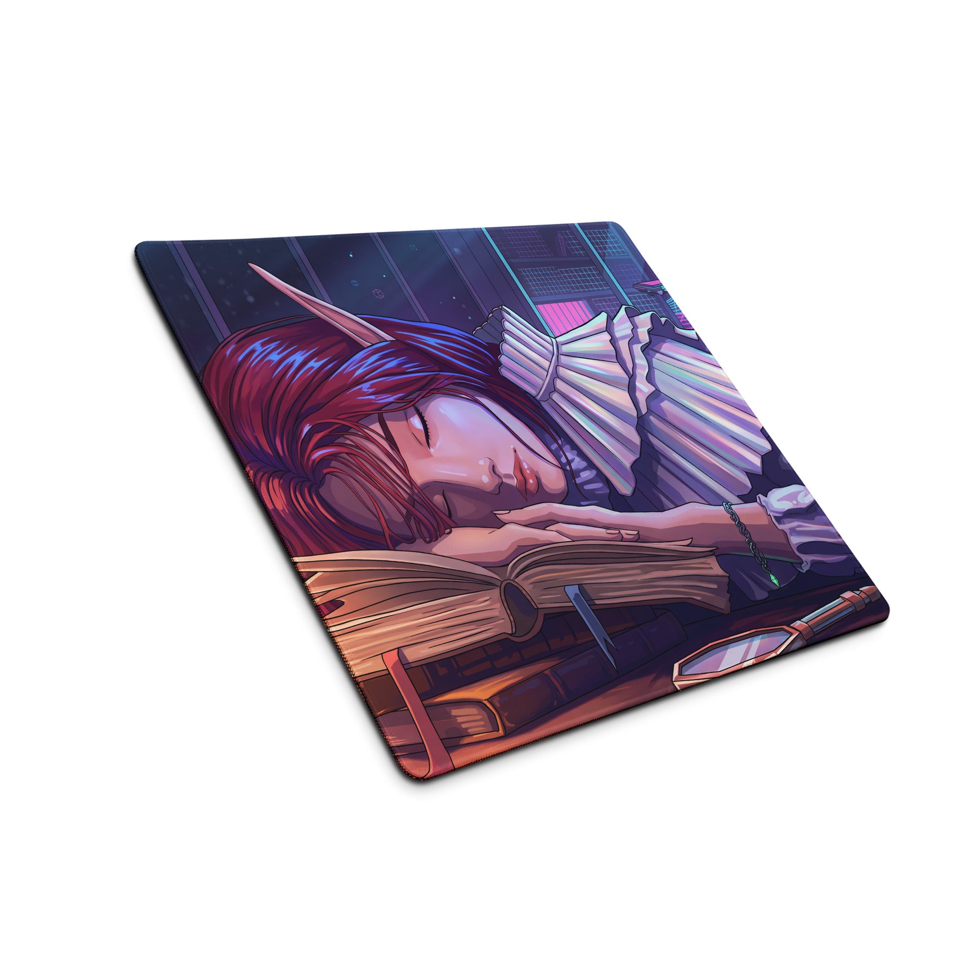 Rectangular vaporwave dream mouse pad with neon purple pink blue anime elf sleeping on books against cityscape