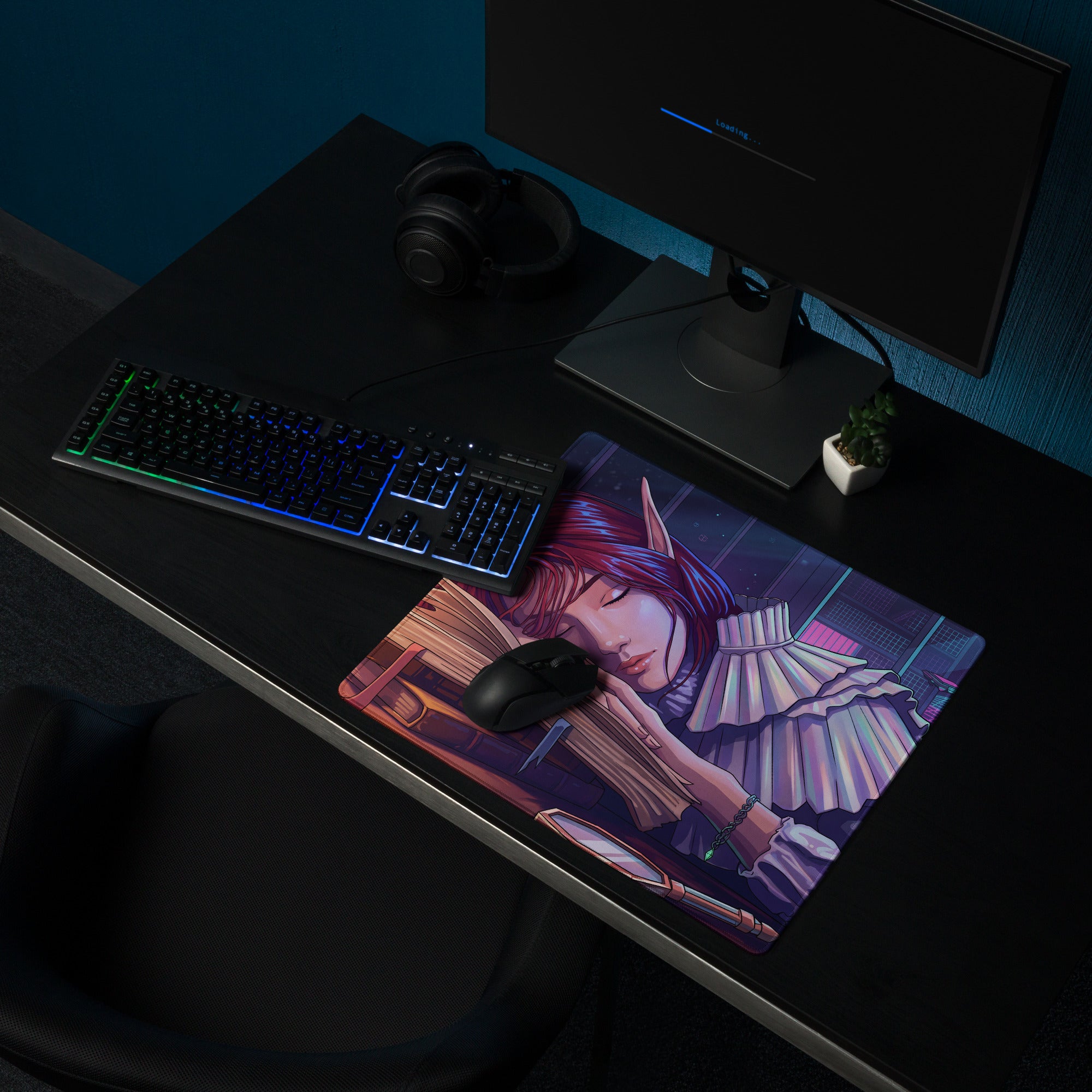 Vaporwave dream rectangular gaming mousepad with red haired elf in white ruffled attire on dark neon purple background