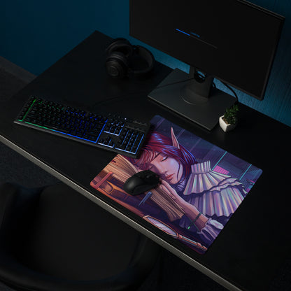 Vaporwave dream rectangular gaming mousepad with red haired elf in white ruffled attire on dark neon purple background