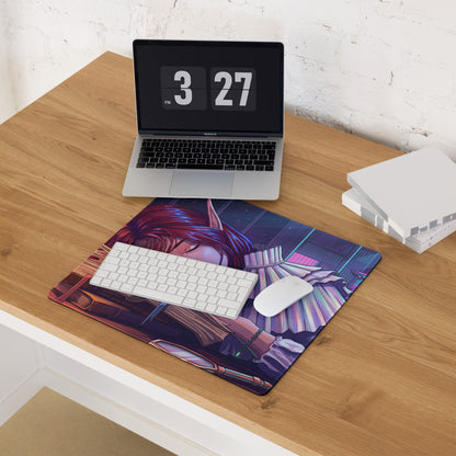 A vibrant vaporwave dream mouse pad featuring a red-haired fantasy character with wings in a neon cityscape design