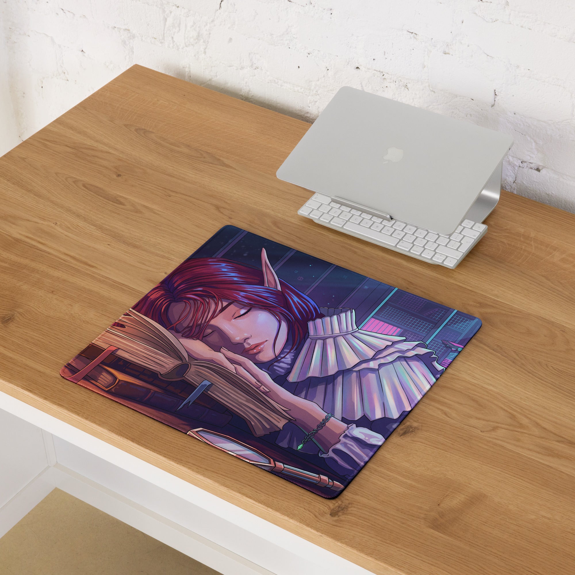 Rectangular vaporwave dream mouse pad with red-haired elf sleeping on book against neon purple blue background