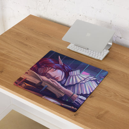 Rectangular vaporwave dream mouse pad with red-haired elf sleeping on book against neon purple blue background