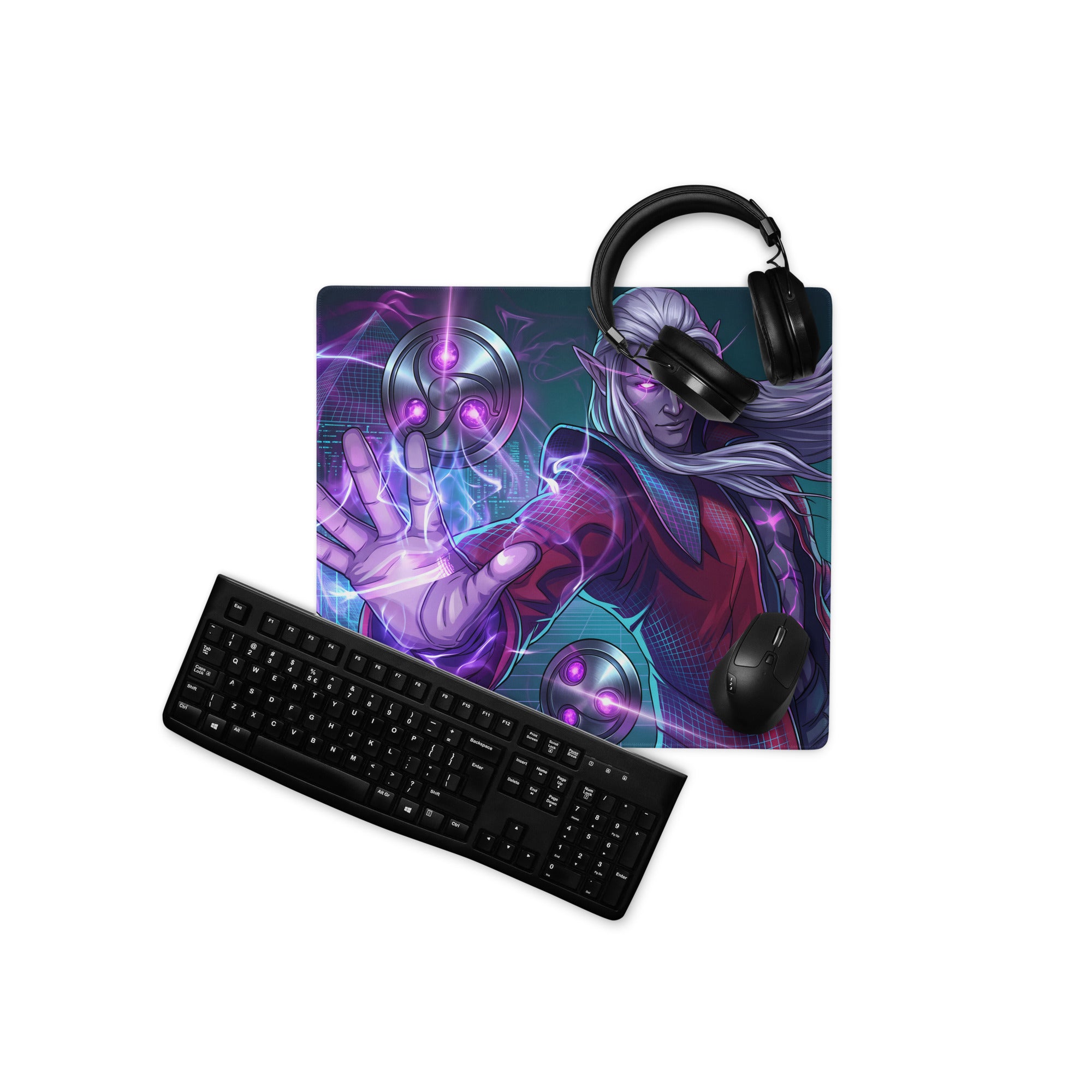 Purple and blue vaporwave neon mage gaming mousepad with glowing fantasy character for cyberpunk anime setups