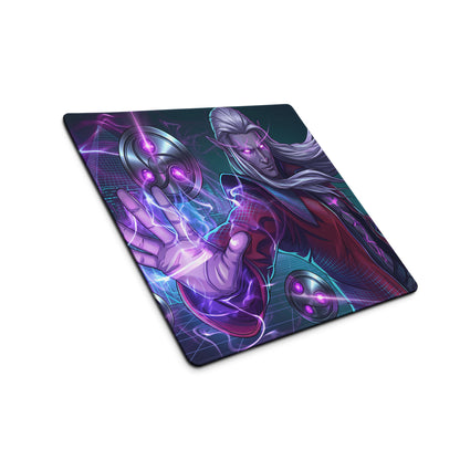 Purple and black vaporwave neon mage gaming mousepad with fantasy character glowing eyes energy effects cyberpunk anime design