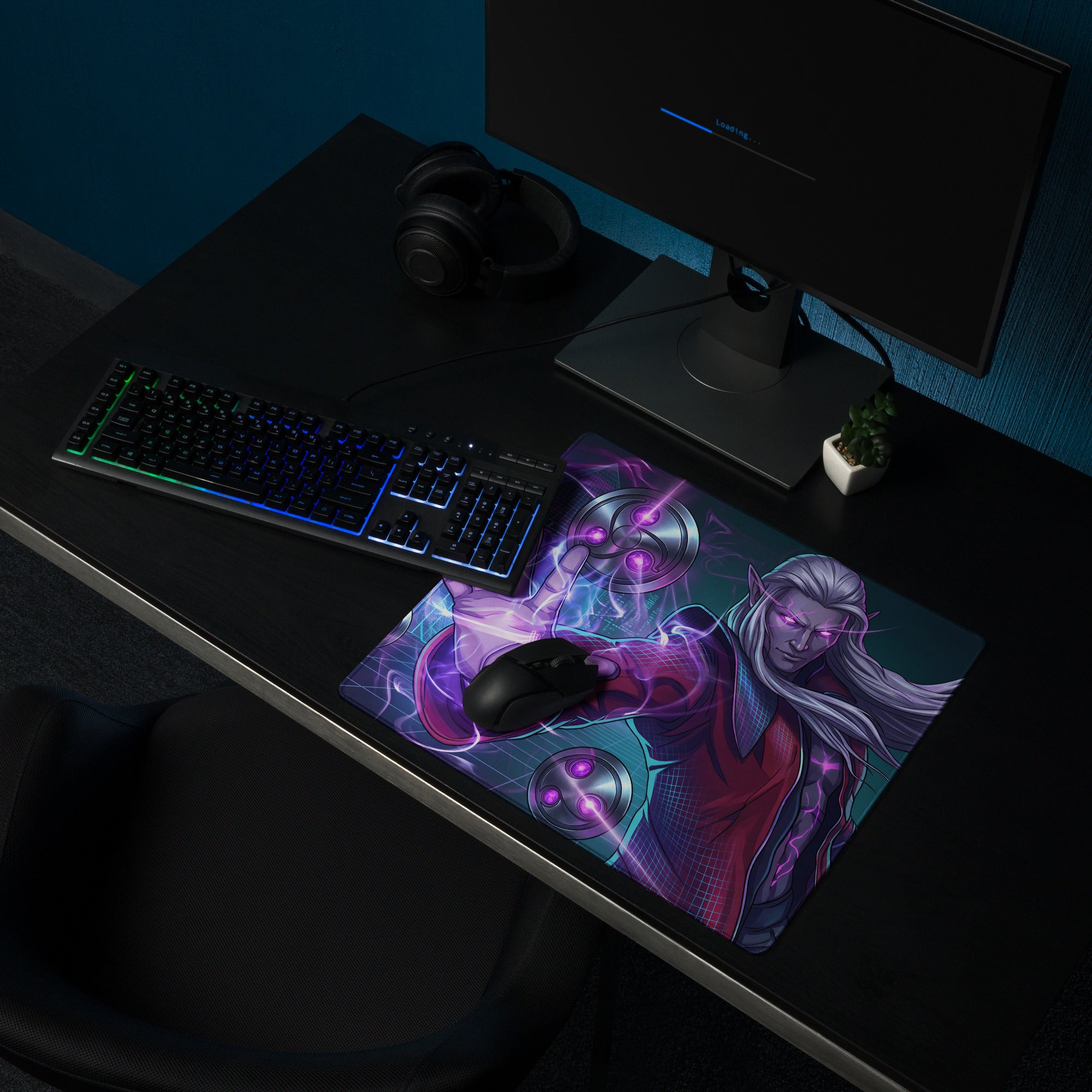 A vibrant purple and red vaporwave neon mage gaming mousepad with a fantasy character and glowing energy effects
