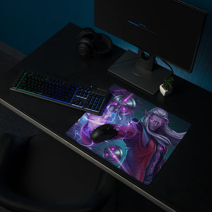 A vibrant purple and red vaporwave neon mage gaming mousepad with a fantasy character and glowing energy effects