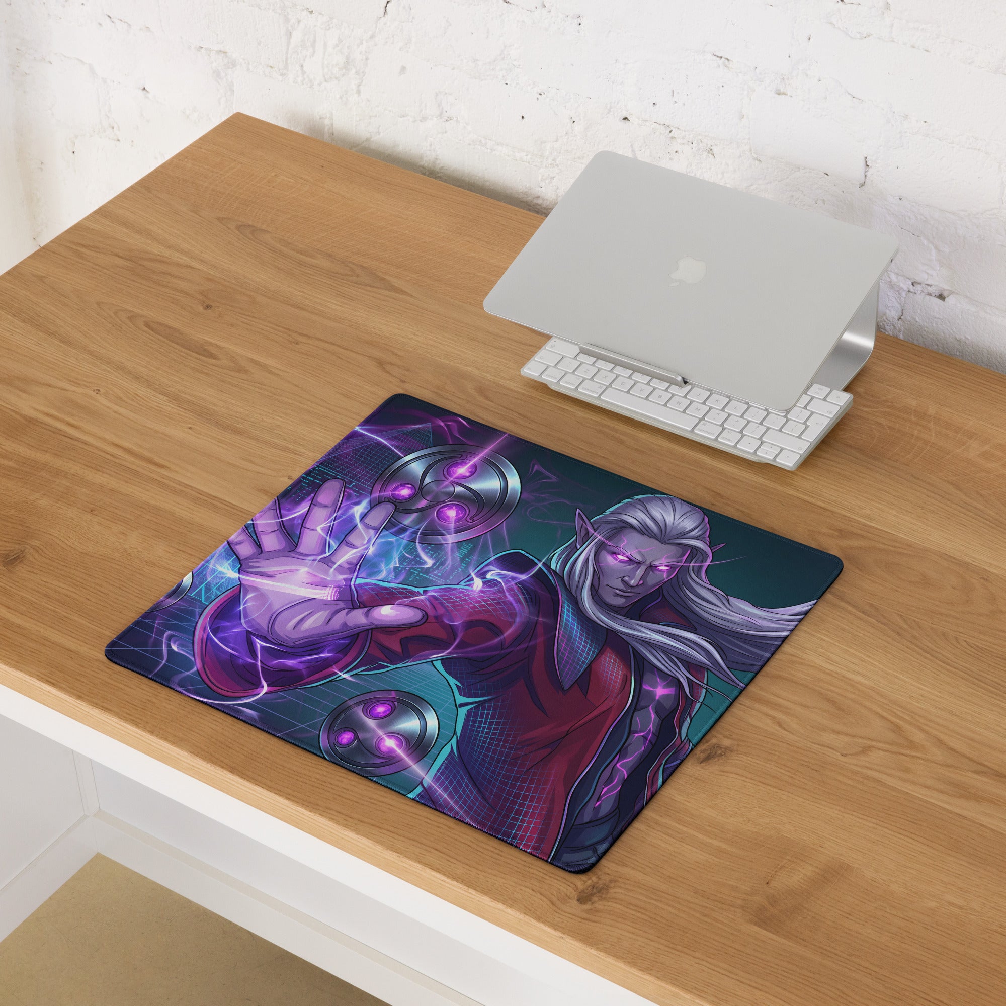 Purple and teal vaporwave neon mage gaming mousepad featuring a fantasy character with glowing eyes and energy effects