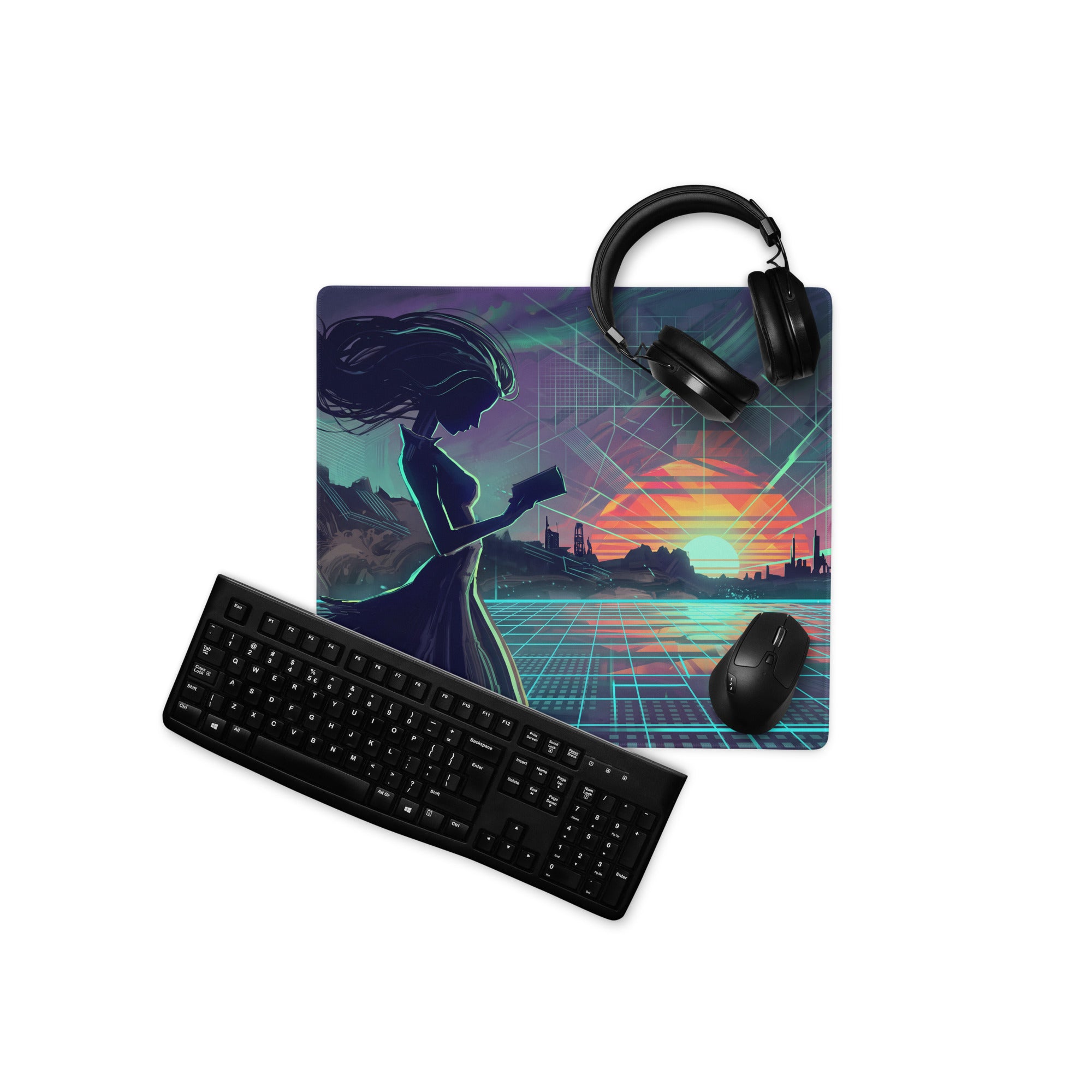 Vaporwave neon desk mouse pad with vibrant purple and teal colors featuring a woman silhouette at neon sunset skyline