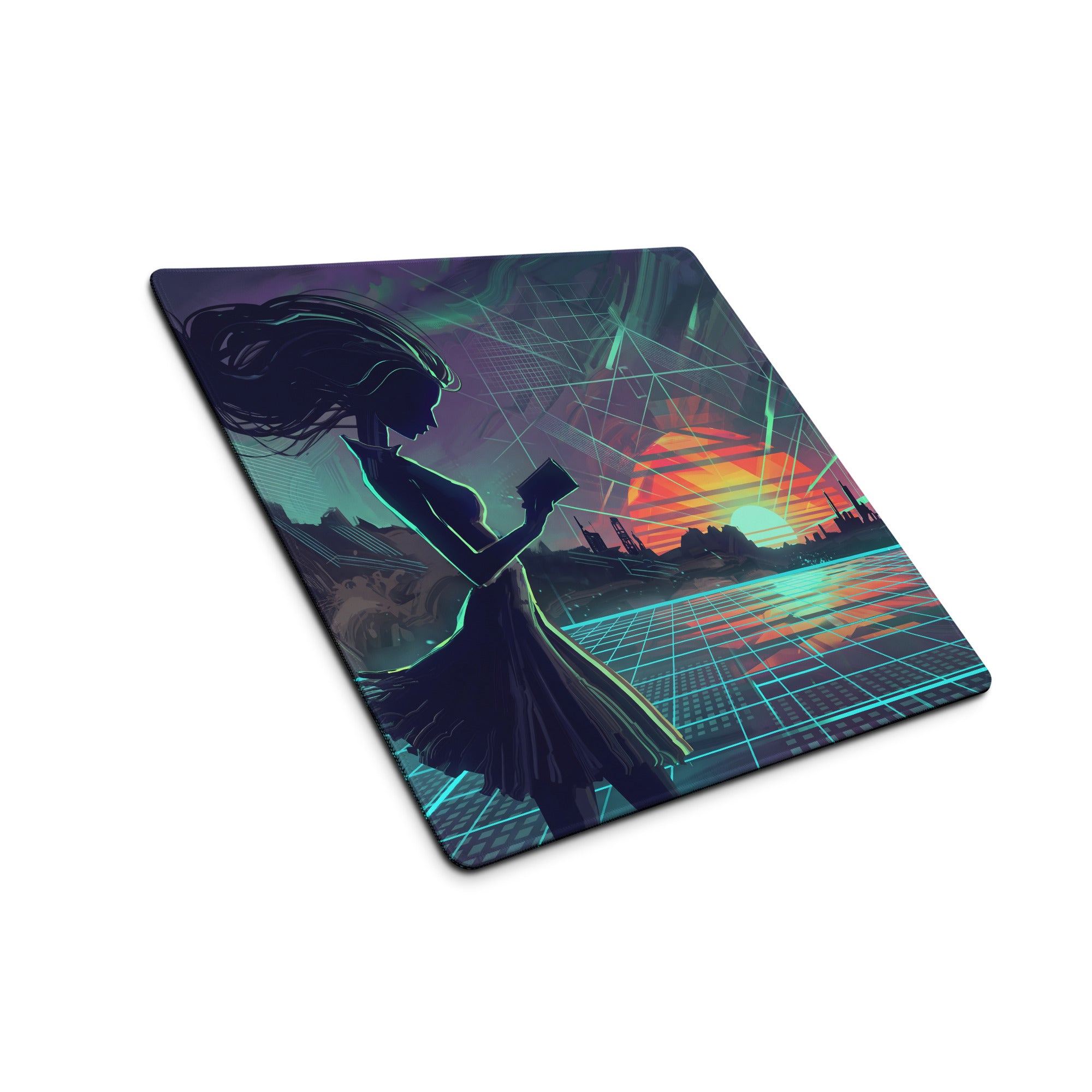 Vaporwave neon desk mouse pad with a vibrant purple and teal retro-futuristic cityscape and silhouette design
