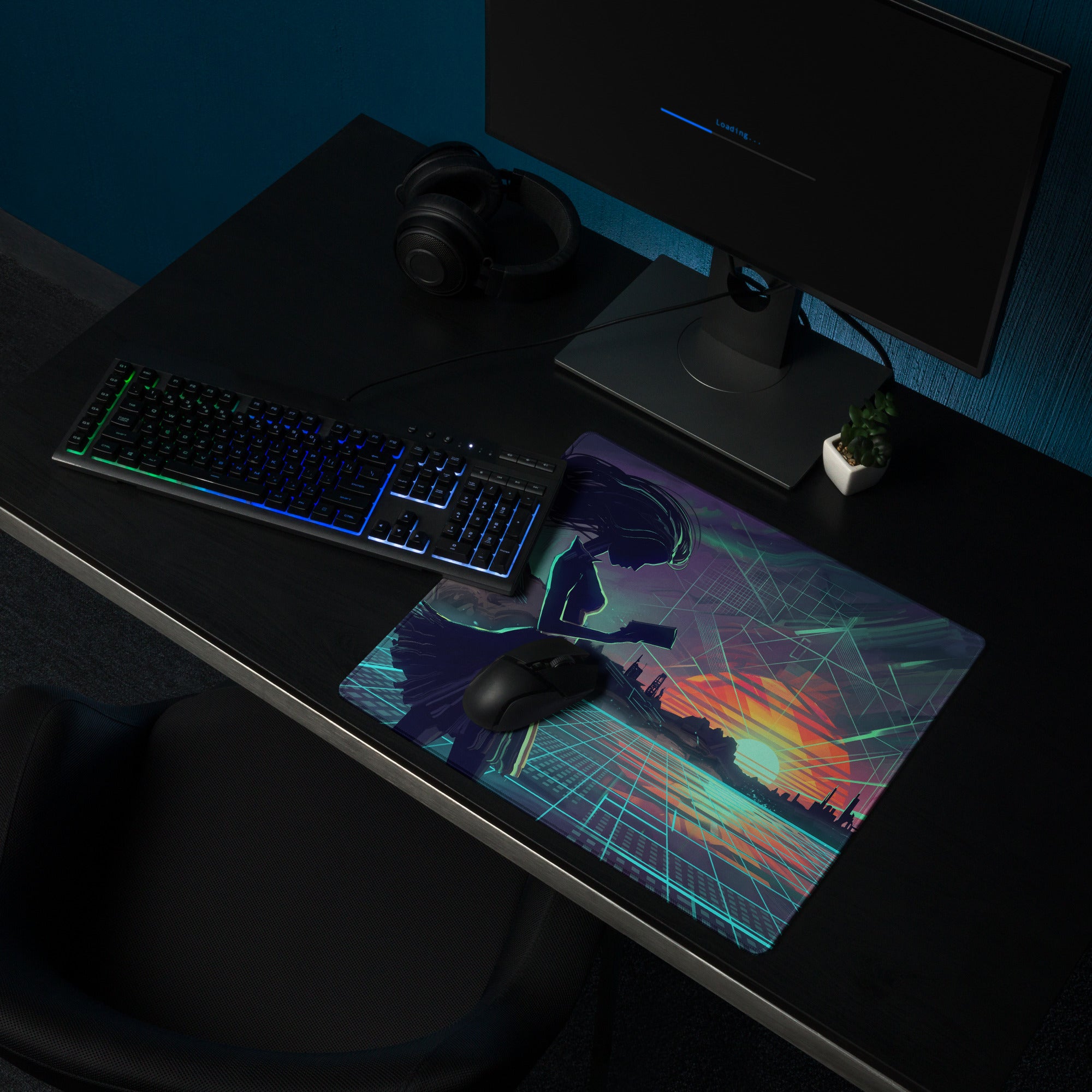 Vaporwave neon desk mouse pad with a cyberpunk sunset anime silhouette design in purple and teal colors