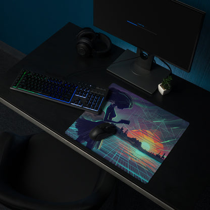 Vaporwave neon desk mouse pad with a cyberpunk sunset anime silhouette design in purple and teal colors