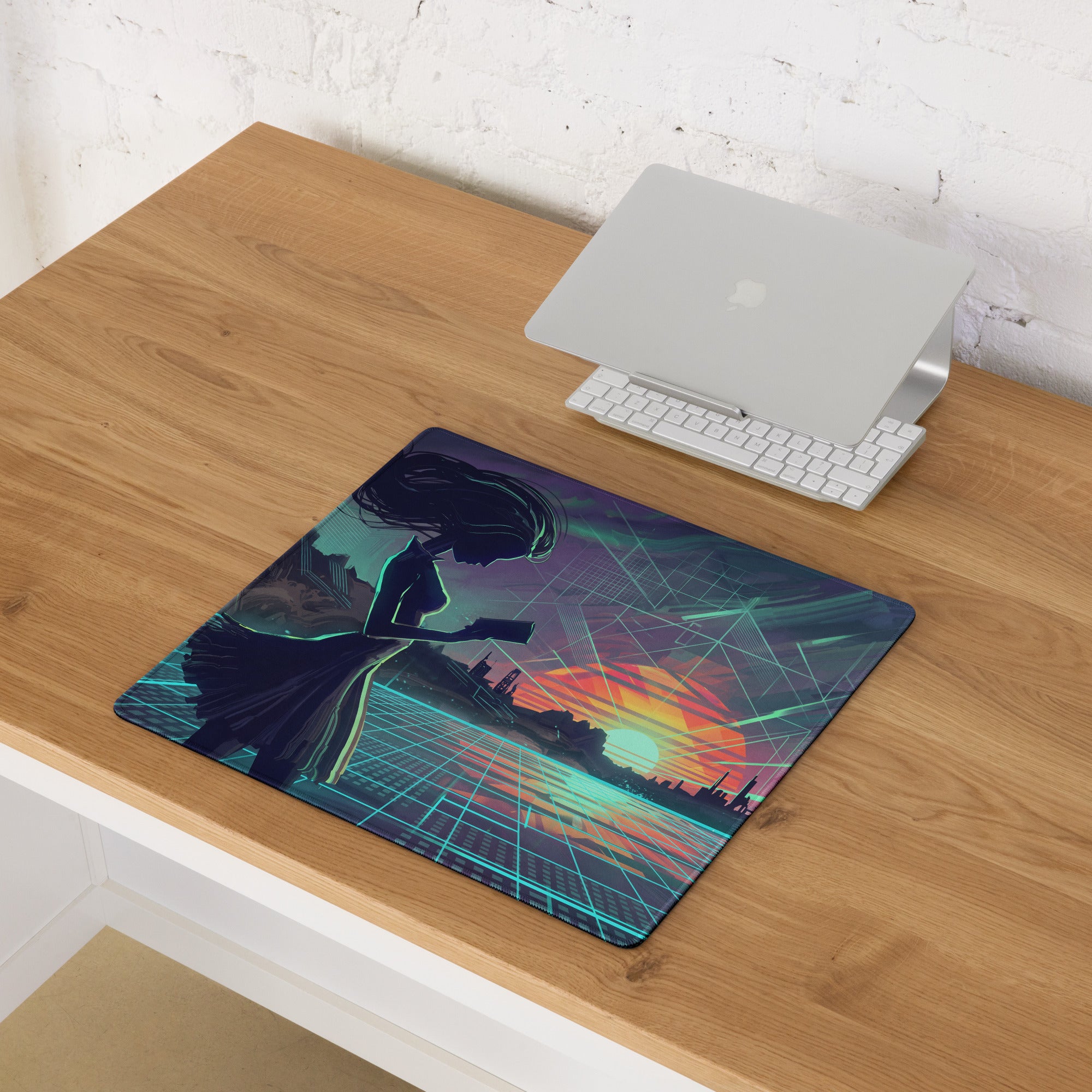 Vaporwave neon desk mouse pad with glossy finish featuring retro-futuristic teal grids and orange city sunset design