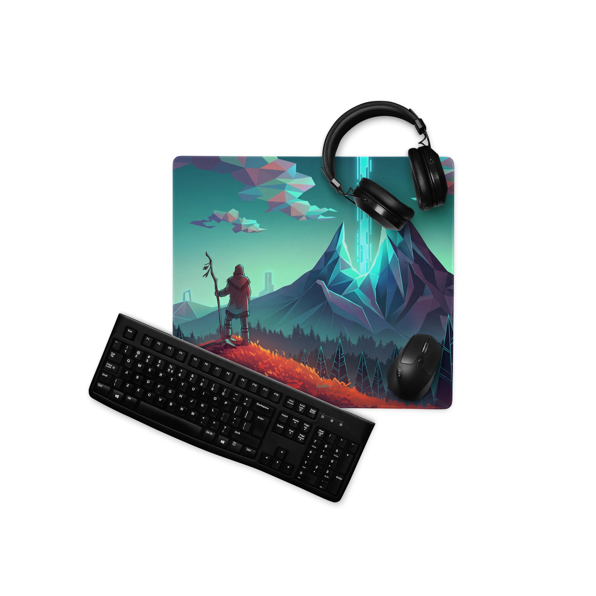 A rectangular teal and pink vaporwave mountain neon mouse pad with a lone figure and glowing mountains illustration