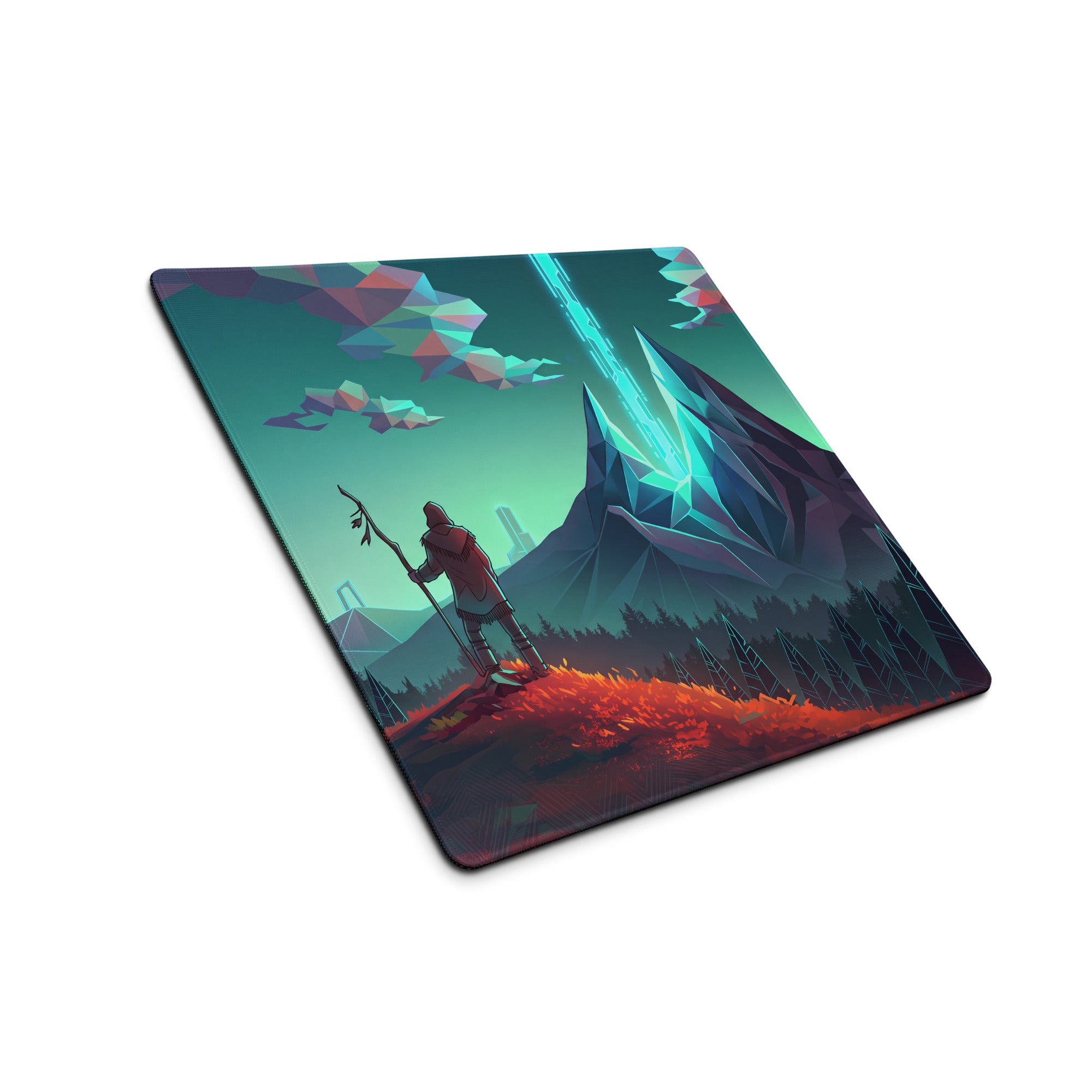 Rectangle gaming mousepad with vibrant vaporwave mountain neon art in teal and pink for large desk decor