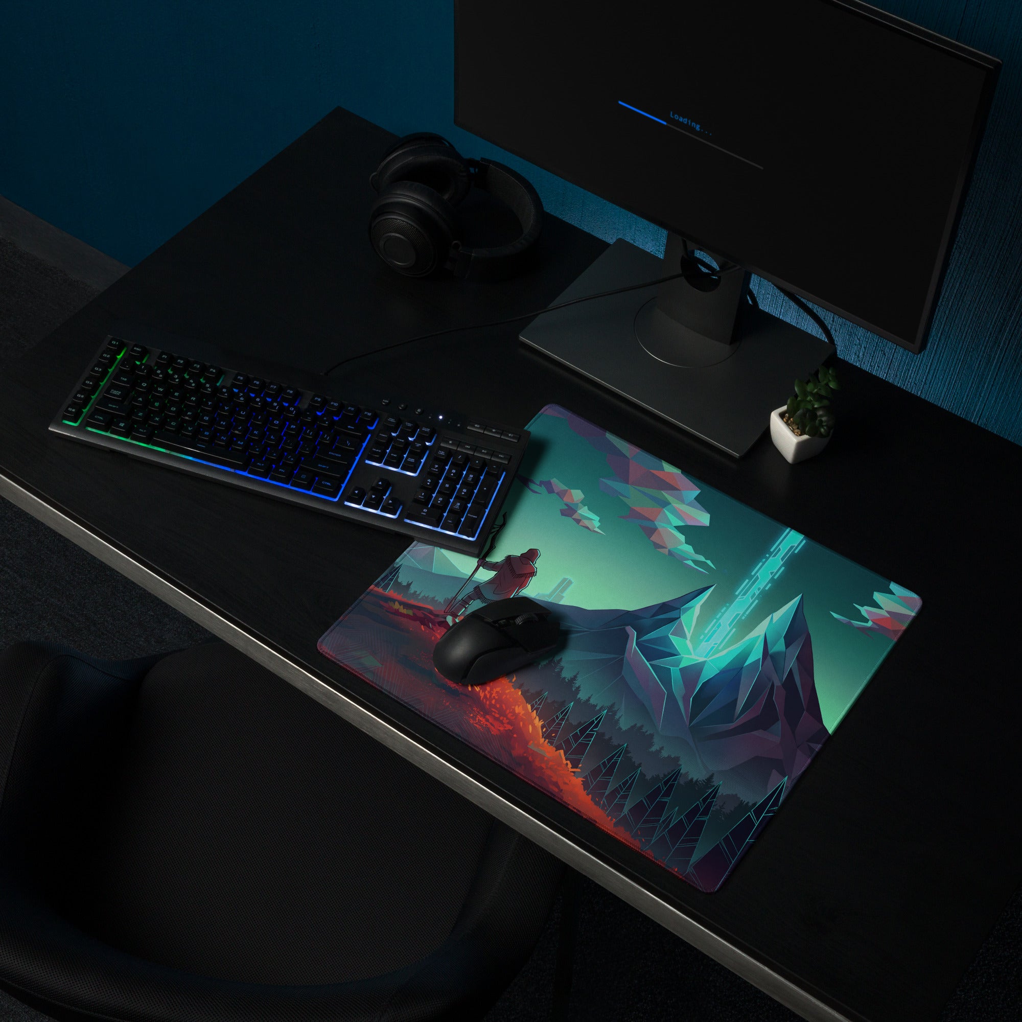 Rectangular vaporwave mountain neon mouse pad with teal purple landscape and orange sky for gaming and desk use
