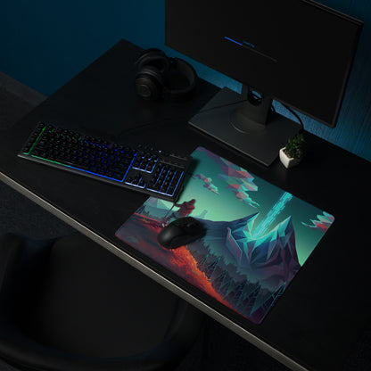 Rectangular vaporwave mountain neon mouse pad with teal purple landscape and orange sky for gaming and desk use