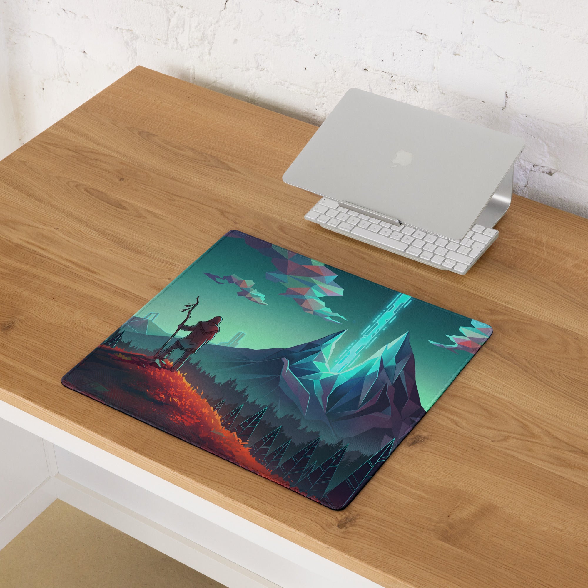 Rectangular vaporwave mountain neon mouse pad with teal mountains and orange terrain for vibrant desk decor