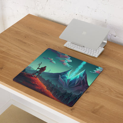 Rectangular vaporwave mountain neon mouse pad with teal mountains and orange terrain for vibrant desk decor