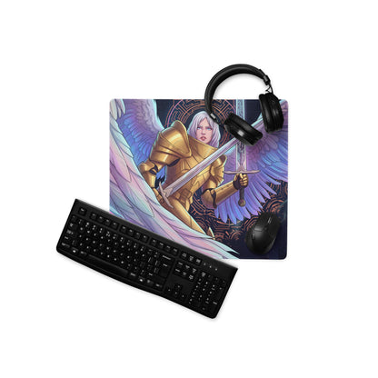 Golden armored angel with white wings and sword on neon pink blue vaporwave gaming mousepad digital art design