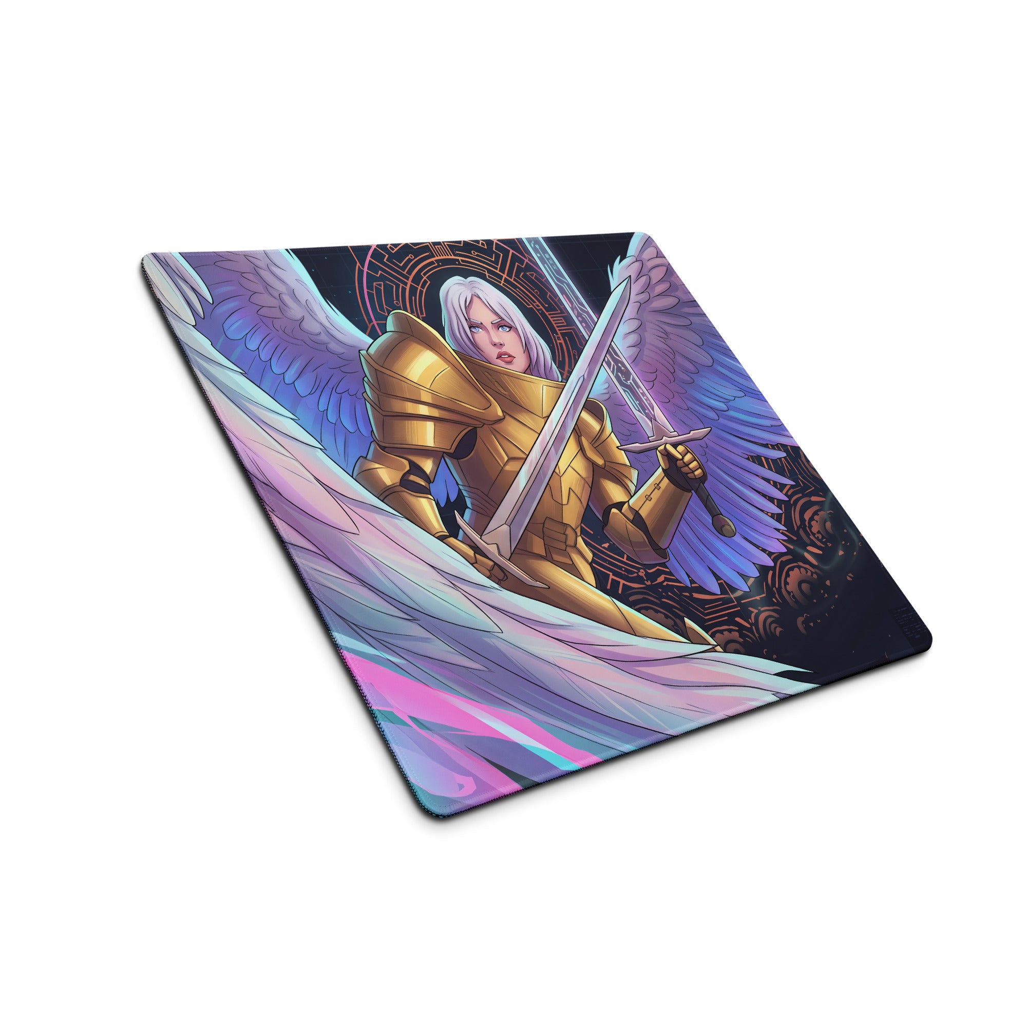 A rectangular gaming mousepad with vibrant digital art of an angelic warrior in golden armor and iridescent wings