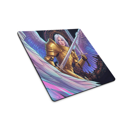 A rectangular gaming mousepad with vibrant digital art of an angelic warrior in golden armor and iridescent wings