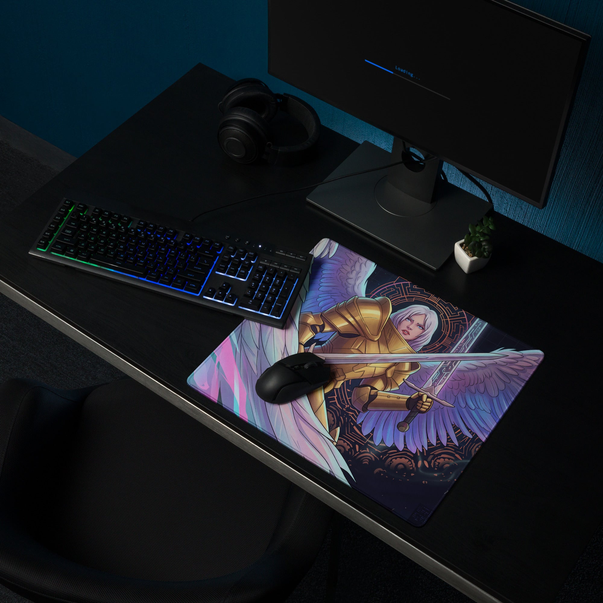Aether wings vaporwave gaming mouse pad with vibrant neon pink blue digital art of an angelic warrior with golden armor and wings