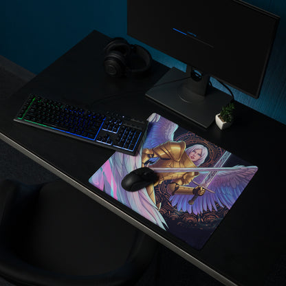 Aether wings vaporwave gaming mouse pad with vibrant neon pink blue digital art of an angelic warrior with golden armor and wings