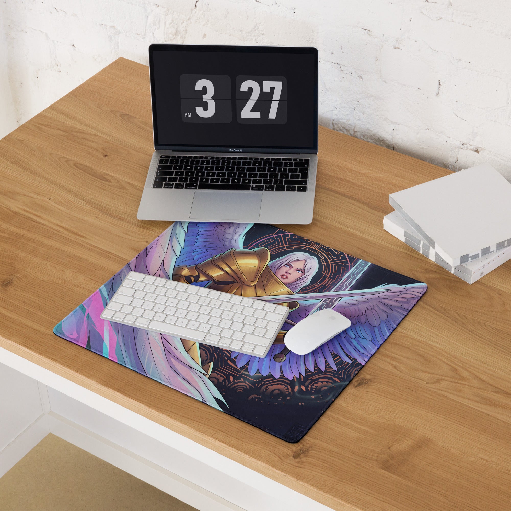 Aether wings vaporwave gaming mousepad with golden angel armor and purple wings on dark background for desktop use