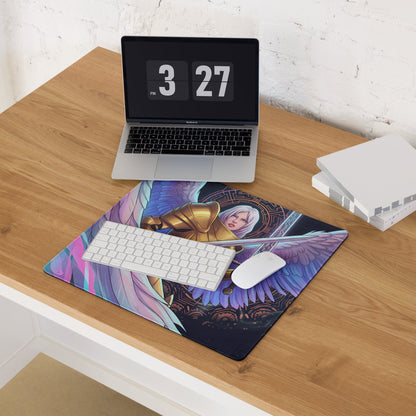 Aether wings vaporwave gaming mousepad with golden angel armor and purple wings on dark background for desktop use