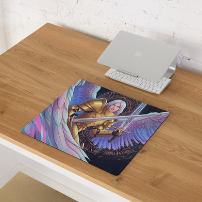 A rectangular gaming mousepad featuring a golden armored angelic warrior with neon pink blue wings and dual swords design
