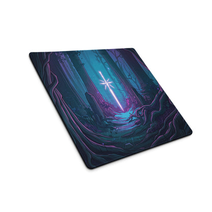 Neon forest vaporwave gaming mousepad with vibrant glowing sword fantasy illustration in purple and blue tones