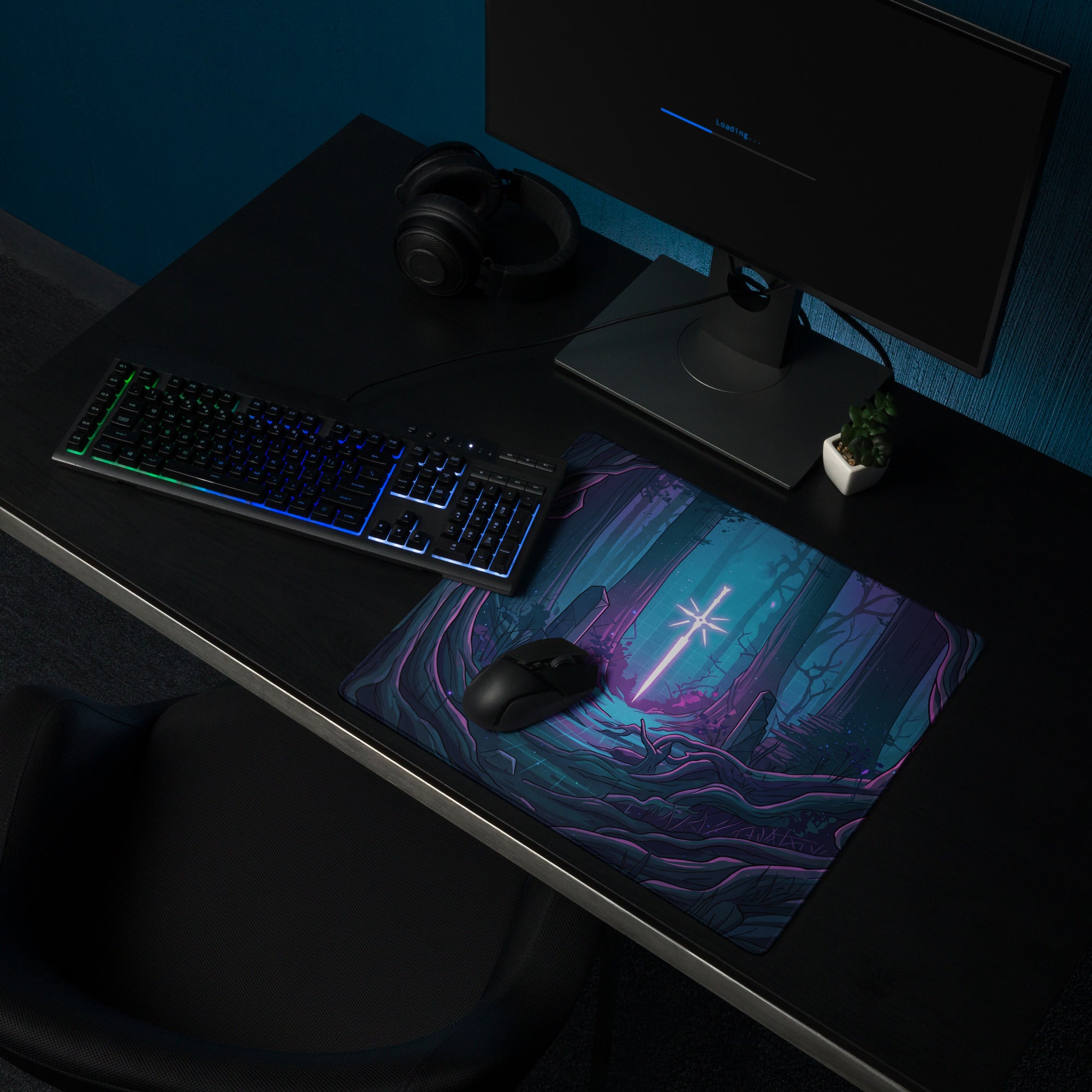 Neon forest vaporwave mouse pad with vibrant teal and purple sword design for esports gaming desks